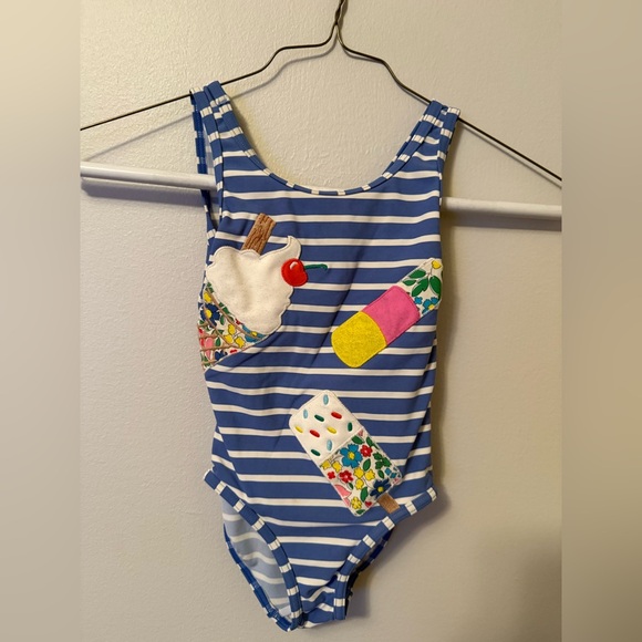 Mini Boden Striped Blue Swimsuit with Ice Cream Patches - Picture 1 of 5